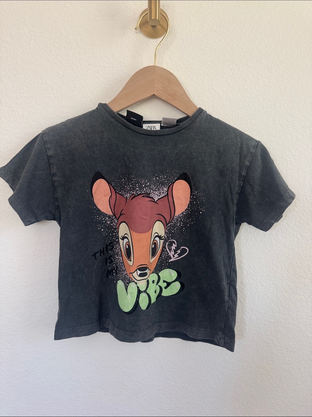 Zara Black Tee with Colorful Bambi Graphic and Green 'Vibe' Text